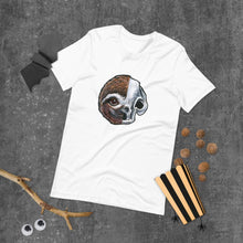 Load image into Gallery viewer,  A premium unisex t-shirt in the colour white, features an illustration of a split image: a skull's face on the left side and a sloth skull on the right.
