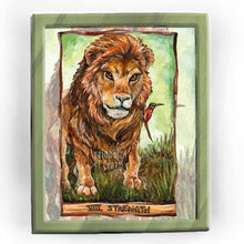 Load image into Gallery viewer, art print of the strength tarot card, from the animism tarot, featuring a lion, with a carmine bee-eater bird sitting on the lion's shoulder
