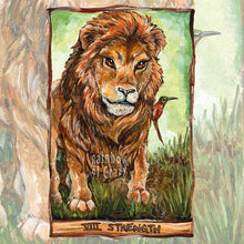 Load image into Gallery viewer, art print of the strength tarot card, from the animism tarot, featuring a lion, with a carmine bee-eater bird sitting on the lion's shoulder
