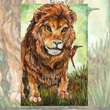 Load image into Gallery viewer, art print of the strength tarot card, from the animism tarot, featuring a lion, with a carmine bee-eater bird sitting on the lion's shoulder
