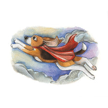 Load image into Gallery viewer, an art print of a beagle dog wearing a red cape, flying through the sky.
