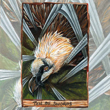 Load image into Gallery viewer, an art print of the ten of swords tarot card, from the animism tarot. a bearded vulture lies helpless under ten swords.
