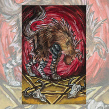 Load image into Gallery viewer, an art print of the devil tarot card, from the animism tarot deck: a brown hyena stands over an inverted pentagram, with two cow skulls at its feet.
