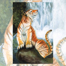Load image into Gallery viewer, illustration of The Empress tarot card from The Animism Tarot deck, featuring a golden tiger, on a large rock at the base of a waterfall
