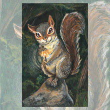 Load image into Gallery viewer, An art print of the happy squirrel tarot card, from the animism tarot: a mischievous looking squirrel sits on a rock in the forest, a lit match in hand.
