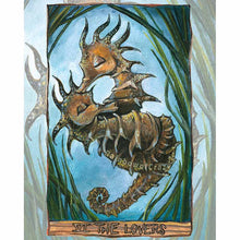 Load image into Gallery viewer, This art print features The Lovers tarot card from the Animism Tarot: two long-snouted seahorses embrace, wrapped around each other, surrounded by seaweed

