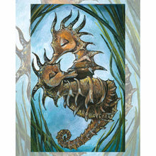 Load image into Gallery viewer, This art print features The Lovers tarot card from the Animism Tarot: two long-snouted seahorses embrace, wrapped around each other, surrounded by seaweed
