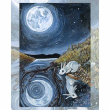 Load image into Gallery viewer, an art print of The Moon tarot card, shows an illustration of a white rabbit looking down at the water with a full moon above, and a crescent moon in the reflection
