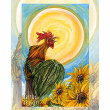 Load image into Gallery viewer, This art print features The Sun tarot card from the Animism Tarot: a beautiful rooster stands tall, crowing, as the sun shines from above and sunflowers grow below
