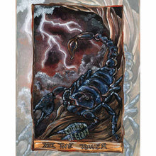 Load image into Gallery viewer, This art print features The Tower card from the Animism Tarot: a scorpion stands at the base of a twisted tree, ready to strike. The dark sky glows a slight red as lightning strikes the earth
