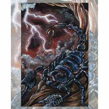 Load image into Gallery viewer, This art print features The Tower card from the Animism Tarot: a scorpion stands at the base of a twisted tree, ready to strike. The dark sky glows a slight red as lightning strikes the earth
