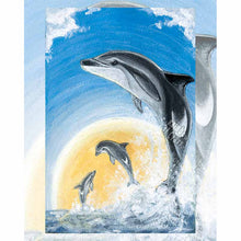 Load image into Gallery viewer, This art print features the Three of Cups tarot card from the Animism Tarot: three dusky dolphins jump out of the ocean, enjoying the warmth of the sun together.
