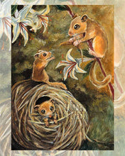 Load image into Gallery viewer, An art print of the Three of Pentacles card from the Animism Tarot. It shows a family of dormouse, surrounded by honeysuckle flowers, working together to build a nest.
