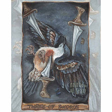 Load image into Gallery viewer, This art print features the Three of Swords tarot card from the Animism Tarot: a bleeding heart dove lies on the ground, defeated, as one sword pierces through its chest, one through its wing, and one stands near its head
