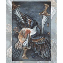 Load image into Gallery viewer, This art print features the Three of Swords tarot card from the Animism Tarot: a bleeding heart dove lies on the ground, defeated, as one sword pierces through its chest, one through its wing, and one stands near its head
