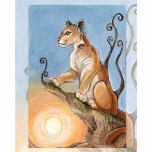 Load image into Gallery viewer, the three of wands from the animism tarot deck: a cougar sits off to of a cliff and looks out into the distance.
