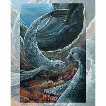 Load image into Gallery viewer, This art print features the Two of Cups tarot card from the Animism Tarot: two curious seal have their first encounter, deep in a cave in the ocean. 

