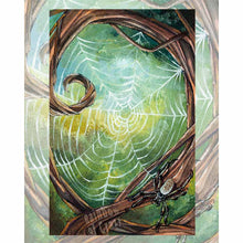 Load image into Gallery viewer, This art print features the Wheel of Fortune tarot card from the Animism Tarot: a beautiful spider web sits in the curved branches of a tree. An orb weaver spider rests at the bottom of the web.
