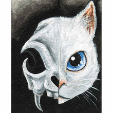 Load image into Gallery viewer, An art print featuring the face of a blue eyed white cat on the right side, and a stylized cat skull on the left side.

