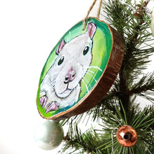 Load image into Gallery viewer, A Christmas wood ornament, hand painted with art of a white fancy rat, in front of a green background
